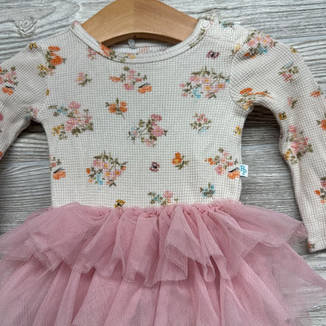 LS Waffle Knit Tulle Bodysuit Dress Flowers 3-6M