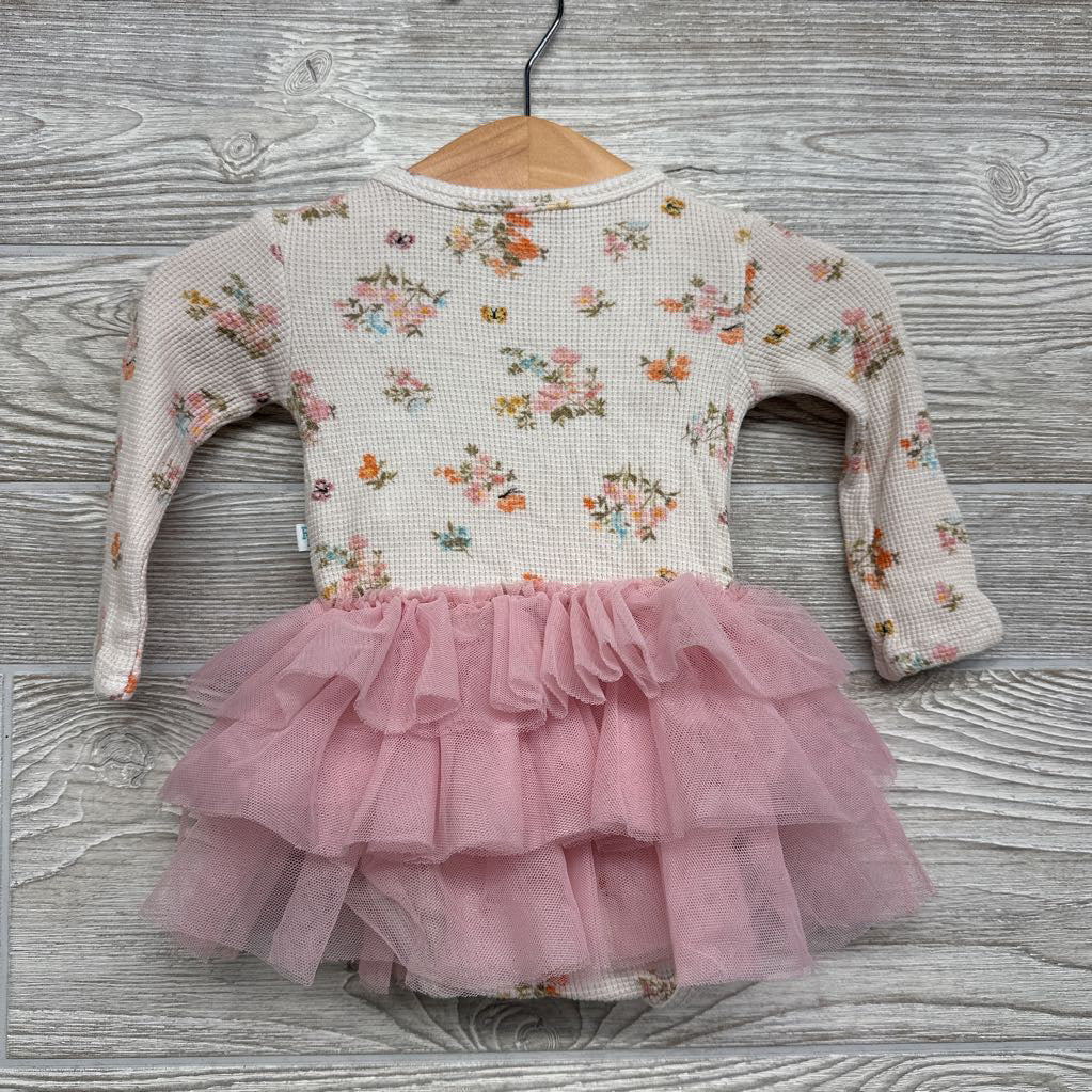 LS Waffle Knit Tulle Bodysuit Dress Flowers 3-6M