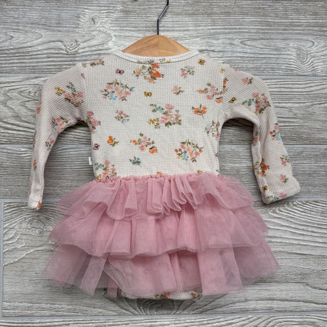 LS Waffle Knit Tulle Bodysuit Dress Flowers 3-6M