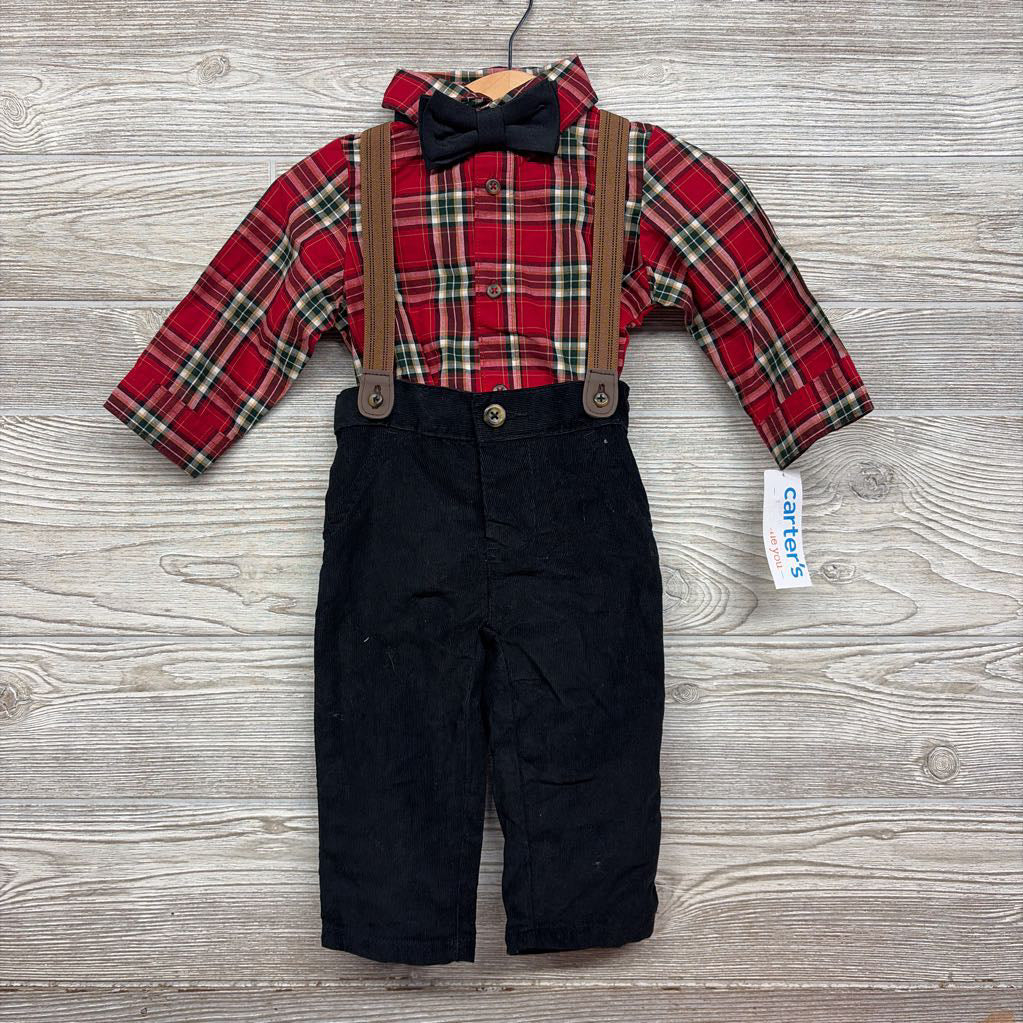 NEW LS Plaid Button Up Bodysuit & Cord Suspender Pants 9M