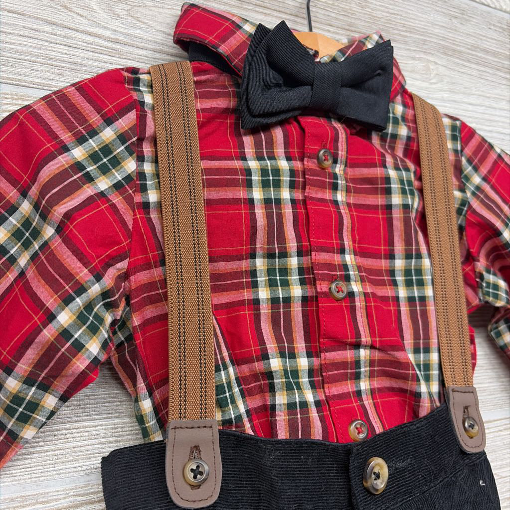 NEW LS Plaid Button Up Bodysuit & Cord Suspender Pants 9M