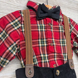 NEW LS Plaid Button Up Bodysuit & Cord Suspender Pants 9M