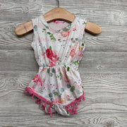 Tank Romper Flowers Pom Trim 3-6M