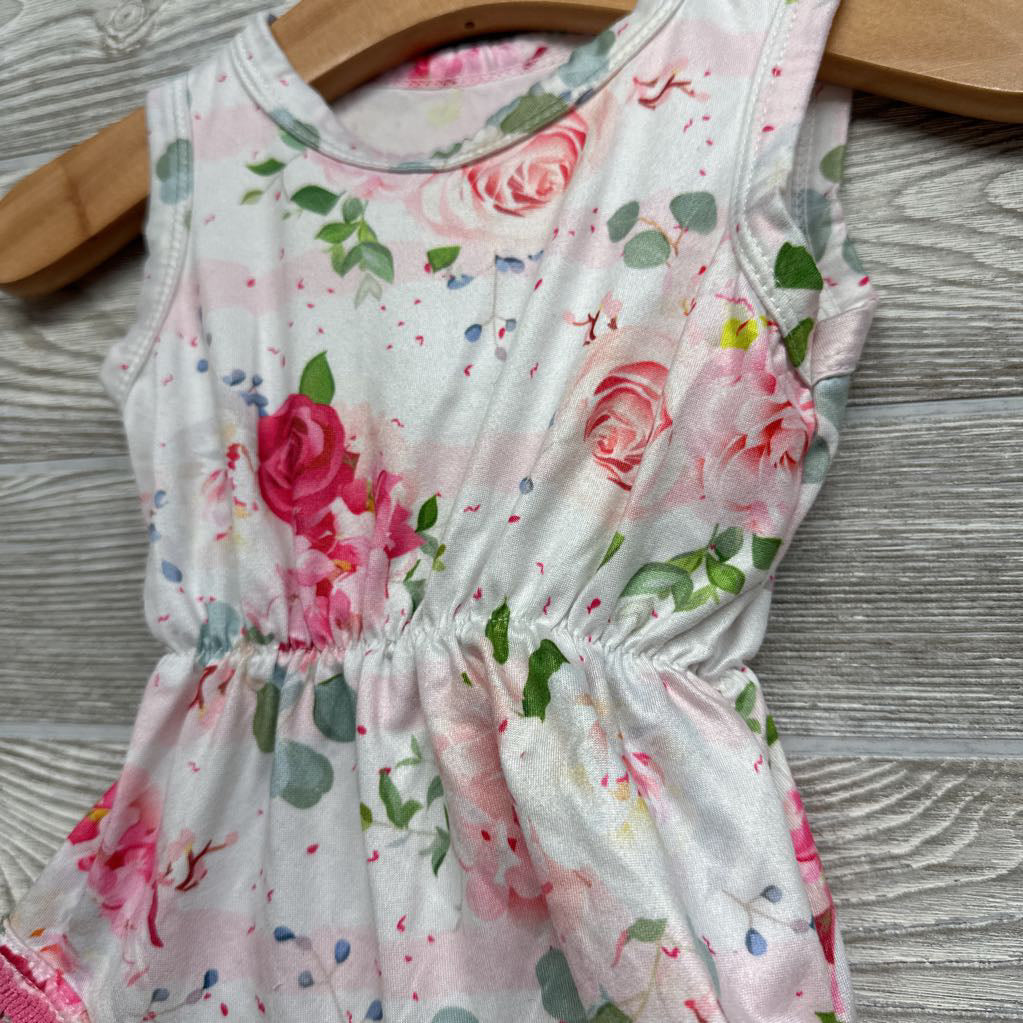 Tank Romper Flowers Pom Trim 3-6M