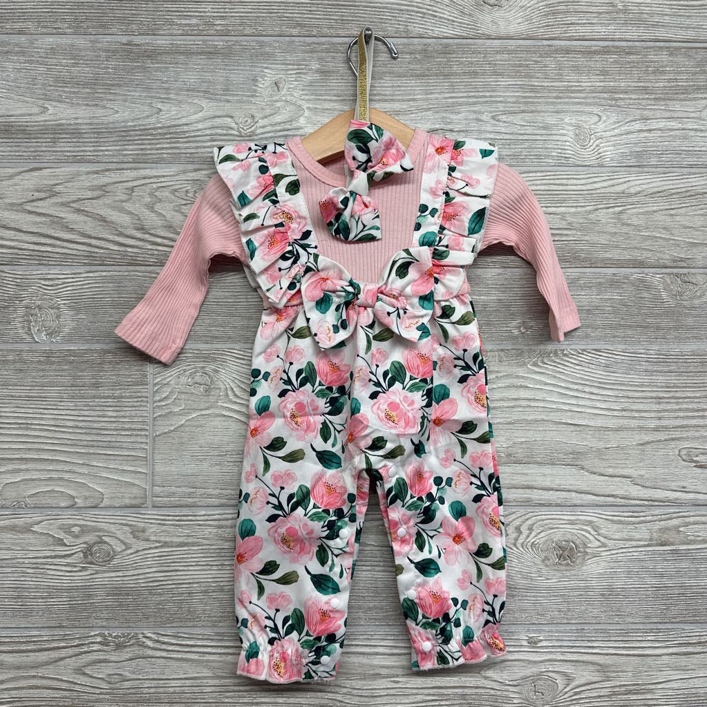 LS Ribbed Outfit Flowers W/ Headwrap 0-3M