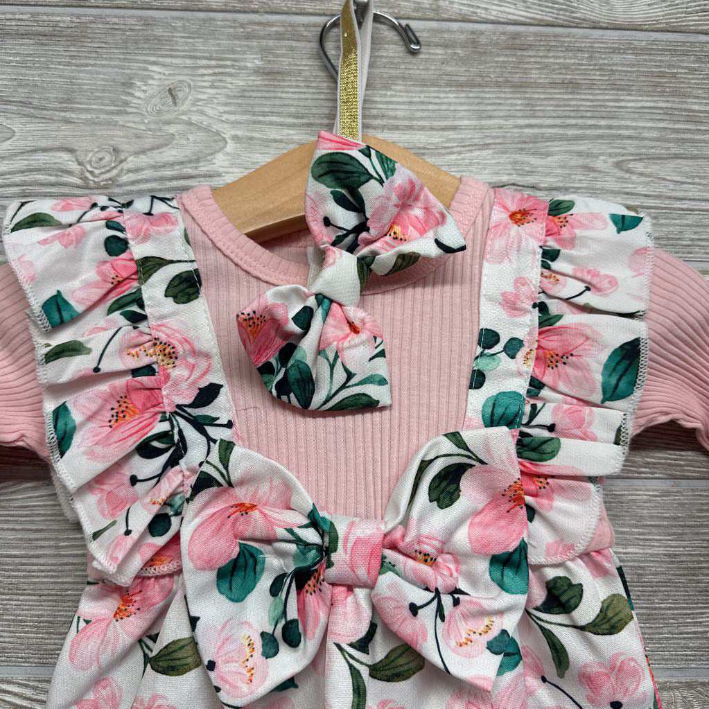 LS Ribbed Outfit Flowers W/ Headwrap 0-3M