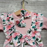 LS Ribbed Outfit Flowers W/ Headwrap 0-3M