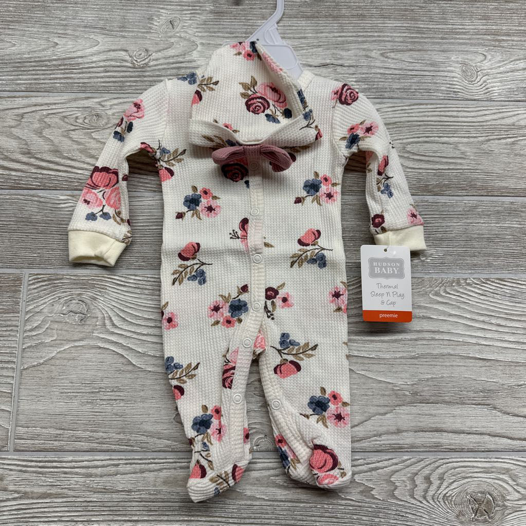 NEW Waffle Knit Sleeper W/ Hat Flowers Preemie