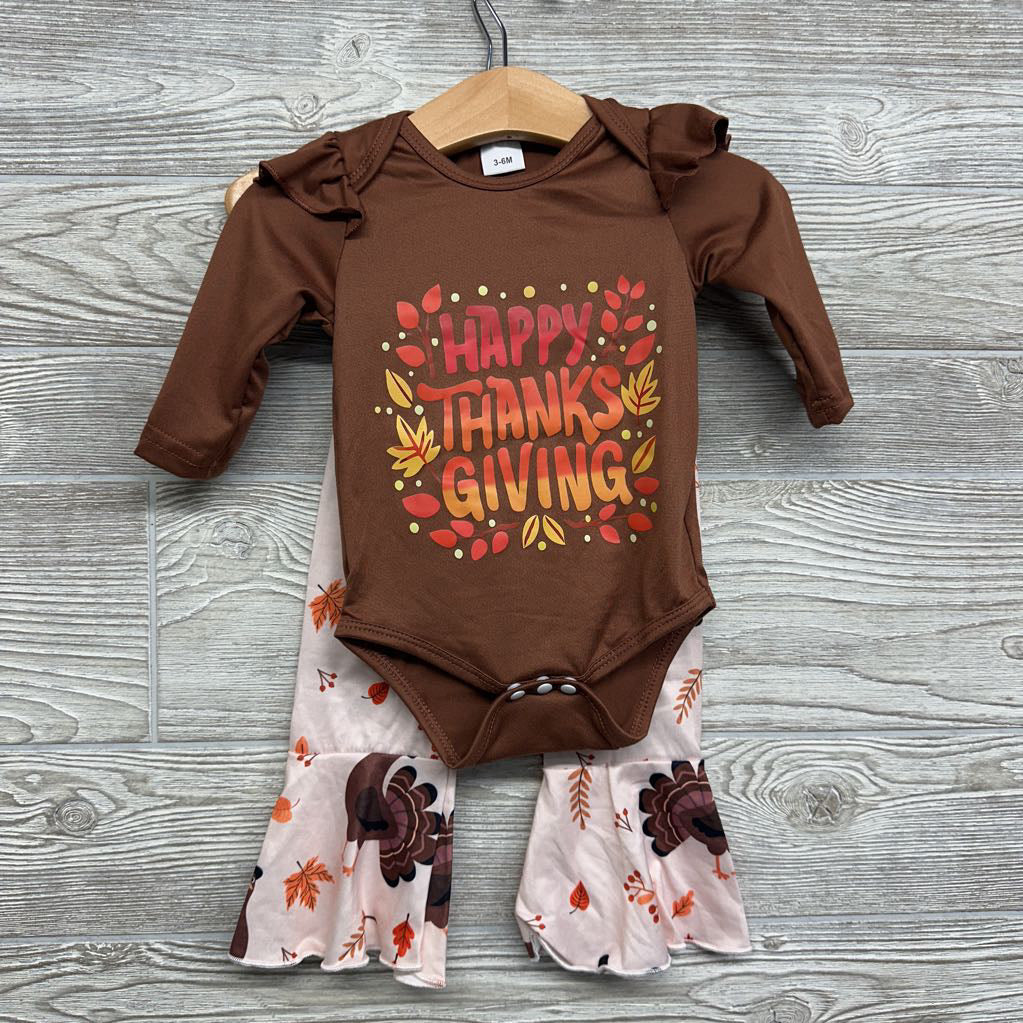 LS Bodysuit Happy Thanksgiving & Bell Bottom Pants Turkeys Leaves 3-6M