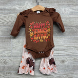 LS Bodysuit Happy Thanksgiving & Bell Bottom Pants Turkeys Leaves 3-6M