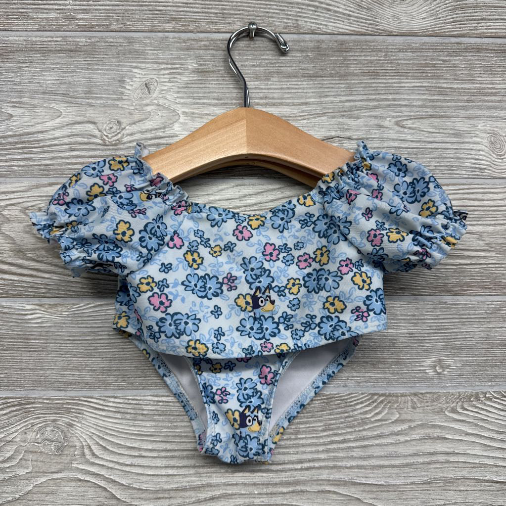 2 Pc Puff Sleeve Swimsuit Flowers Ruffle Trim 12M