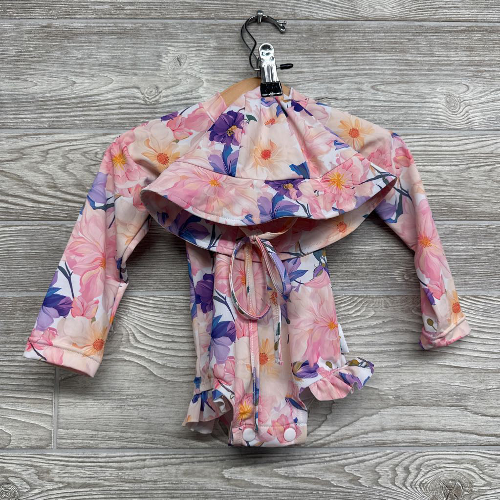 LS Swimsuit W/ Hat Flowers 3-6M