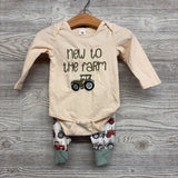 LS Bodysuit New To The Farm & Pants Tractors W/ Hat 3-6M