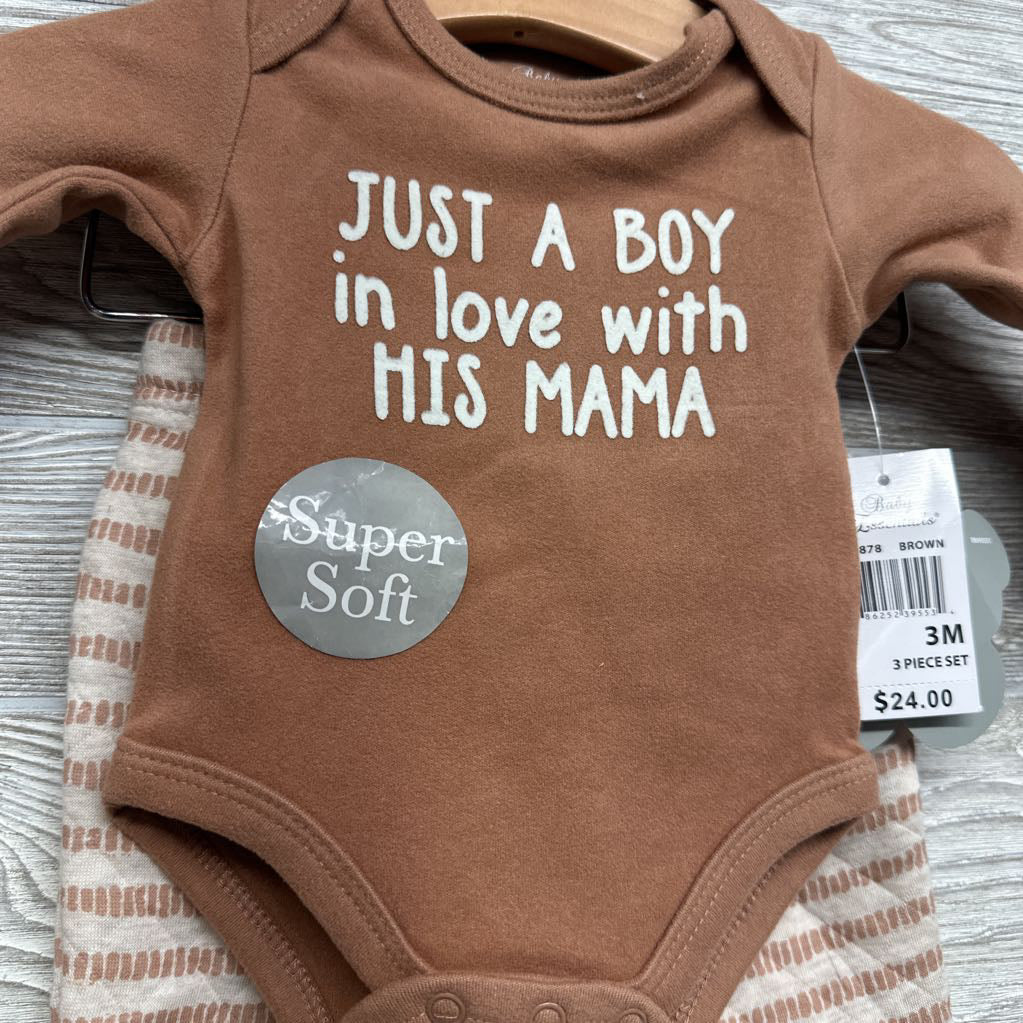 NEW LS Bodysuit Just A Boy In Love With His Mama & Quilted Joggers W/ Hat Printed 3M