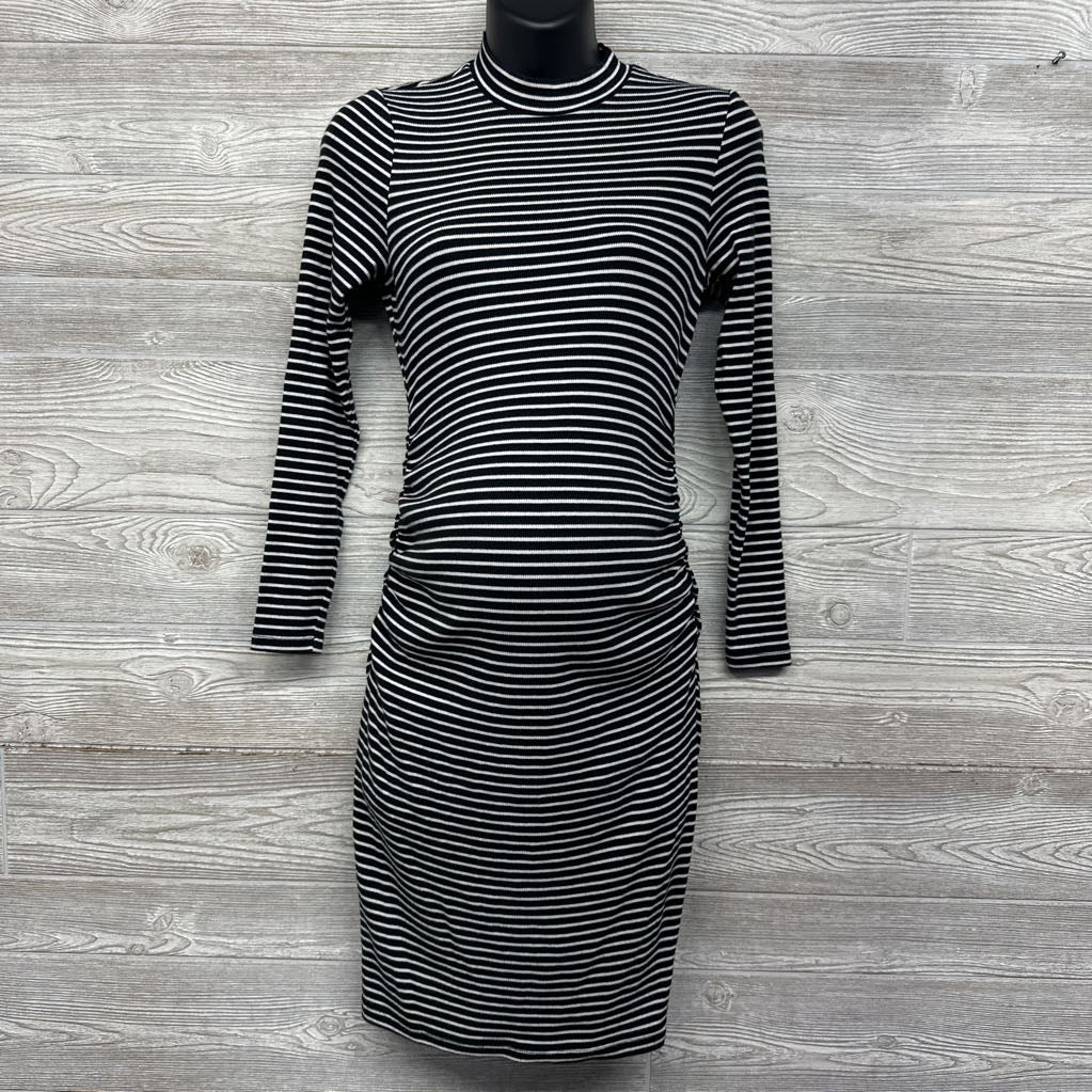 Mock Neck Ribbed Ruched Dress Stripes Small