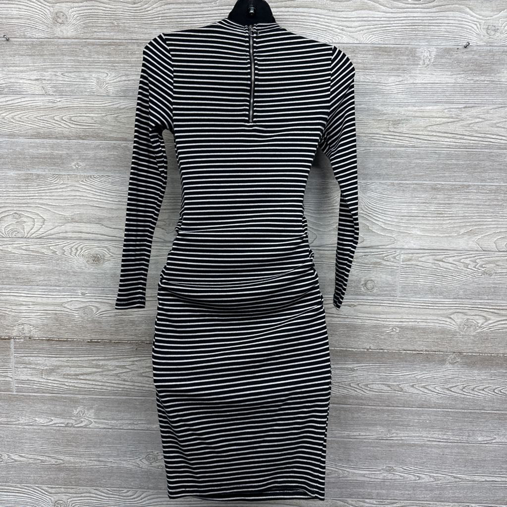 Mock Neck Ribbed Ruched Dress Stripes Small