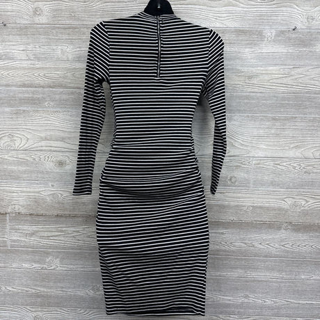 Mock Neck Ribbed Ruched Dress Stripes Small