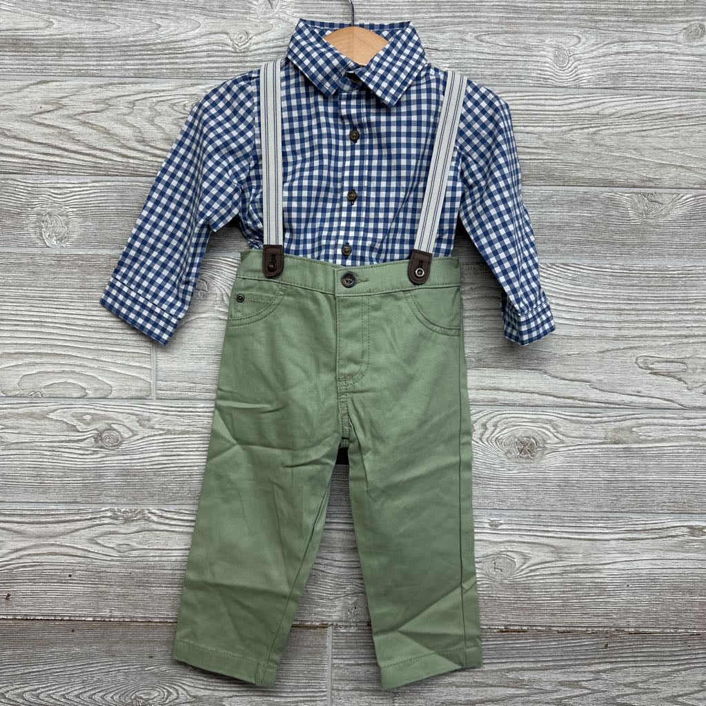 LS Gingham Button Up Bodysuit & Suspender Pants 18M