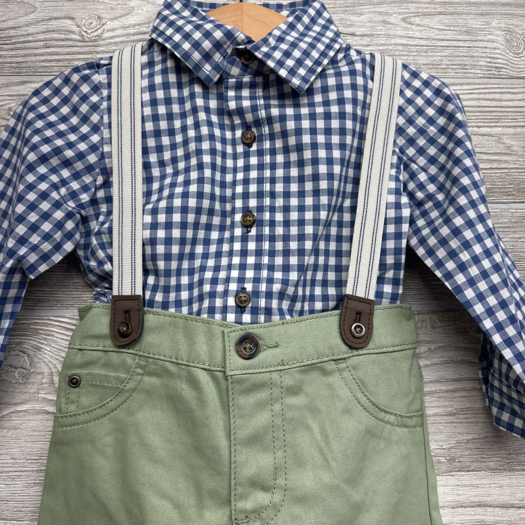 LS Gingham Button Up Bodysuit & Suspender Pants 18M