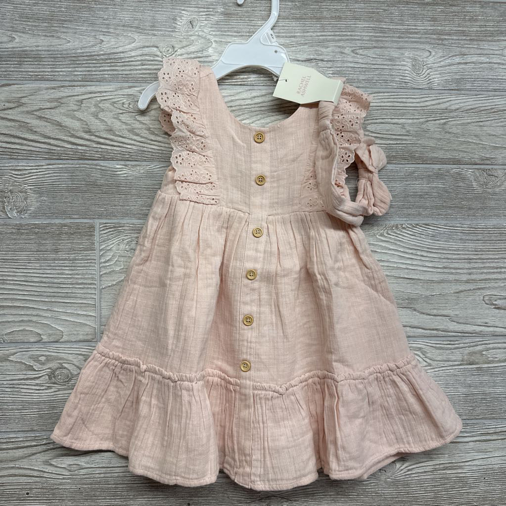 NEW Gauze Button Up Dress Eyelet Flutter W/ Headwrap 3T