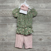 NEW Smocked Shirt Flowers & Ribbed Bike Shorts W/ Headwrap 2T