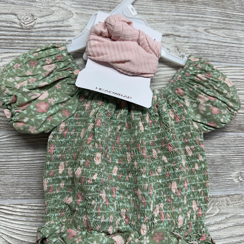 NEW Smocked Shirt Flowers & Ribbed Bike Shorts W/ Headwrap 2T