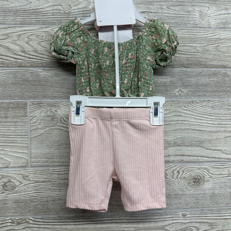 NEW Smocked Shirt Flowers & Ribbed Bike Shorts W/ Headwrap 2T