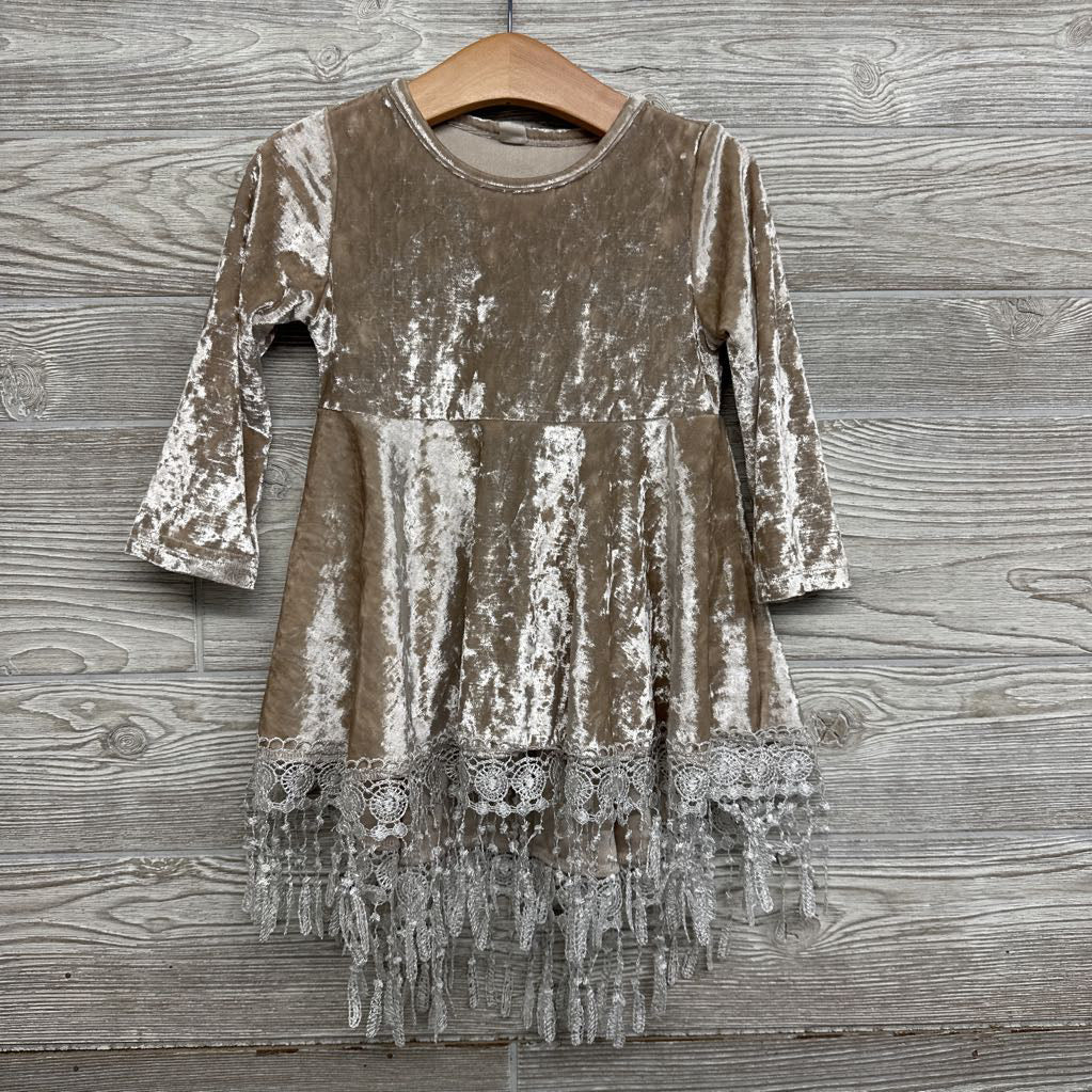 LS Crushed Velvet Dress Lace Trim 3T