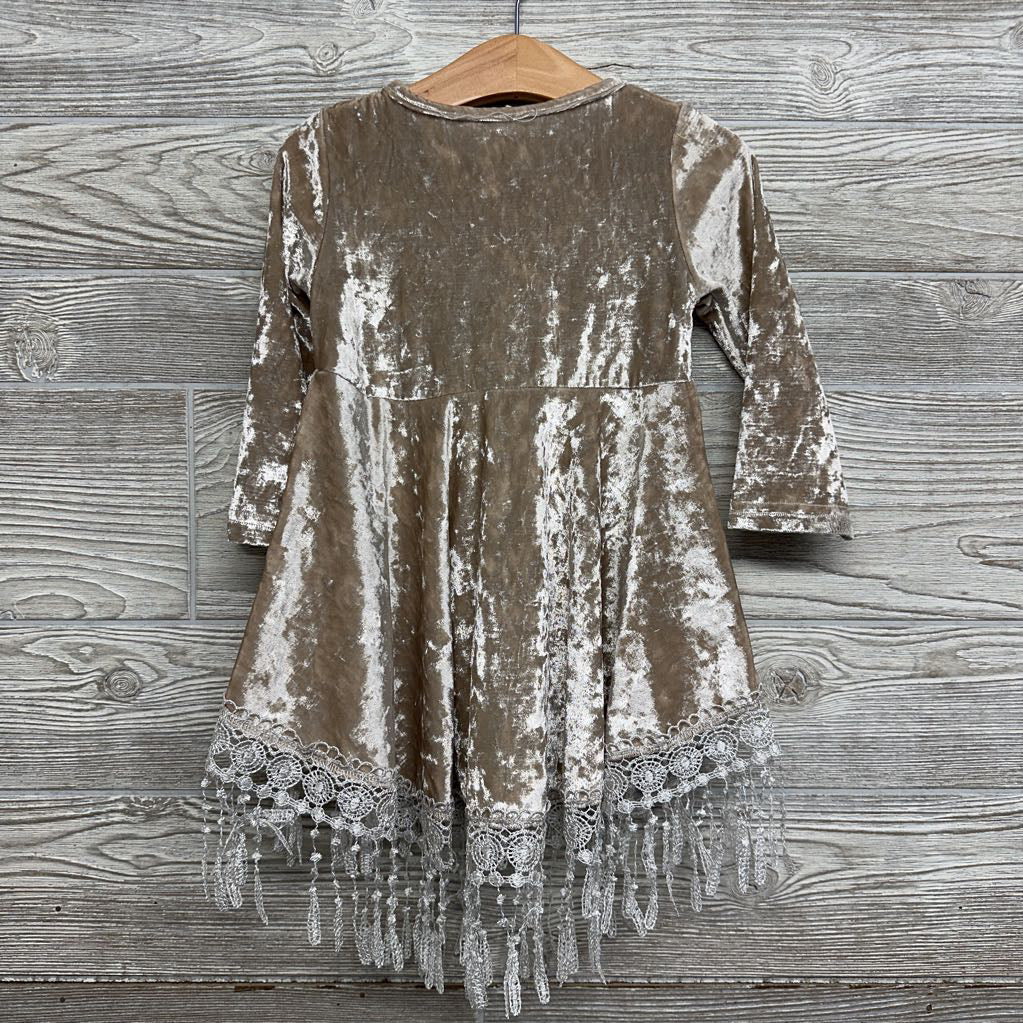LS Crushed Velvet Dress Lace Trim 3T