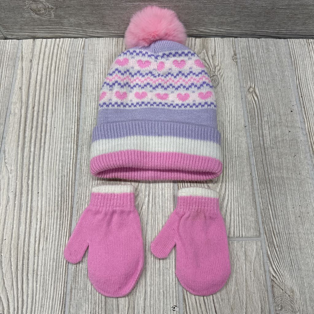 Winter Hat W/ Pom Hearts & Mittens