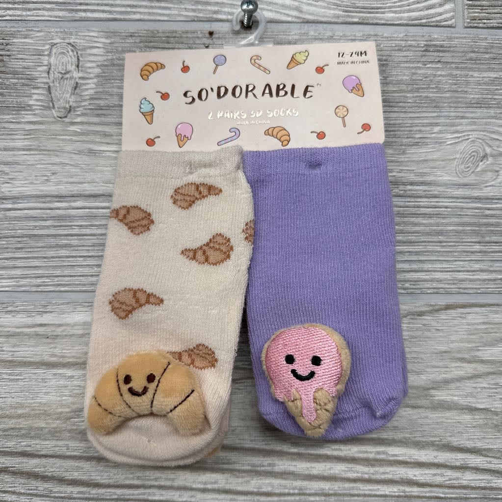 NEW 2 Pair 3d Socks Croissant & Ice Cream Cone