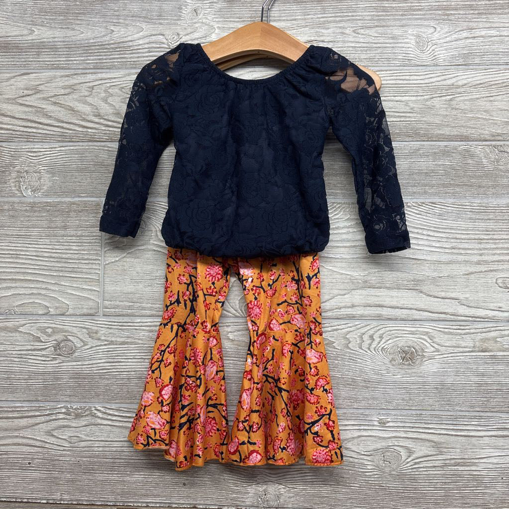 LS Lace Bodysuit & Bell Bottom Pants Flowers 12-18M