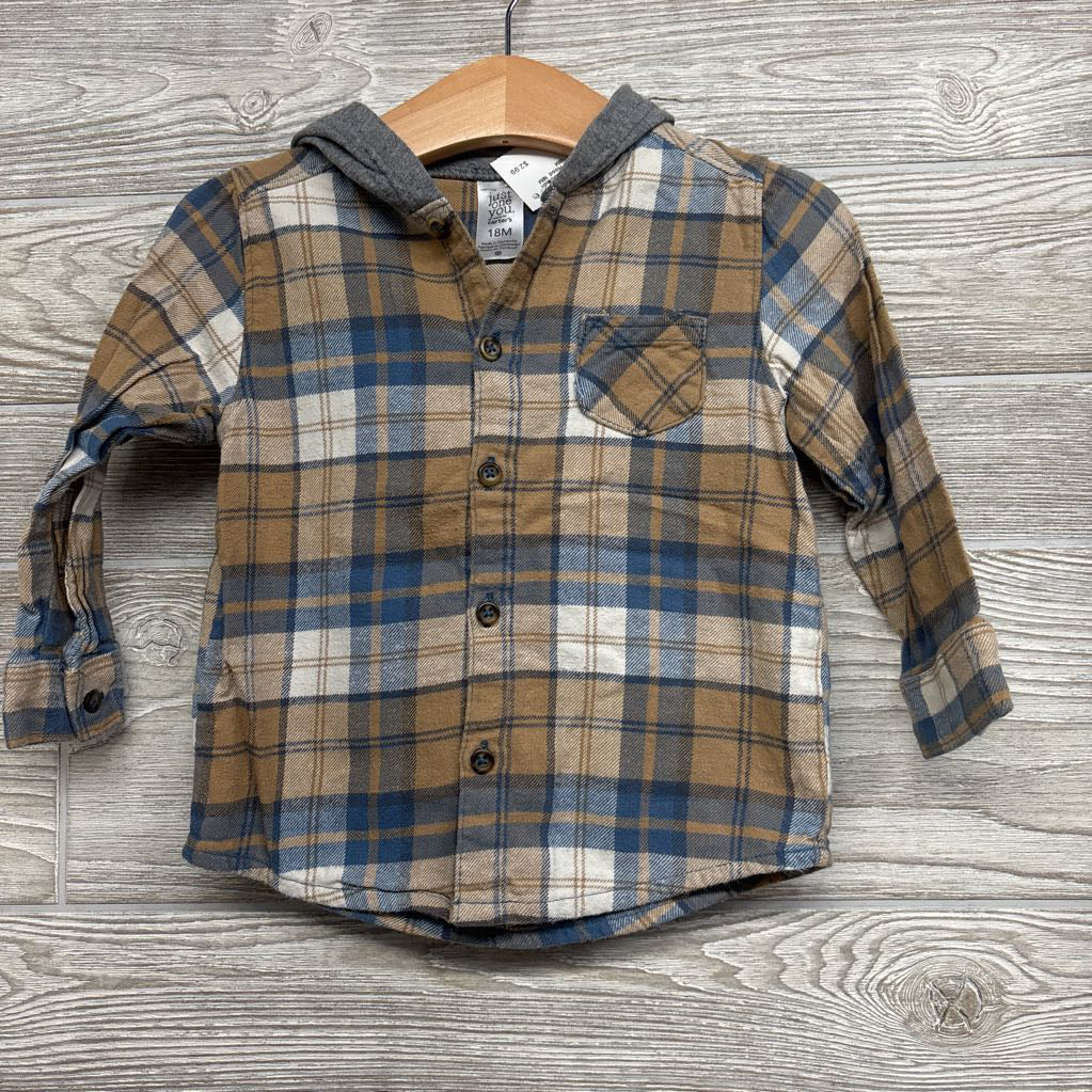 LS Plaid Button Up Flannel Shirt W/ Hood 18M