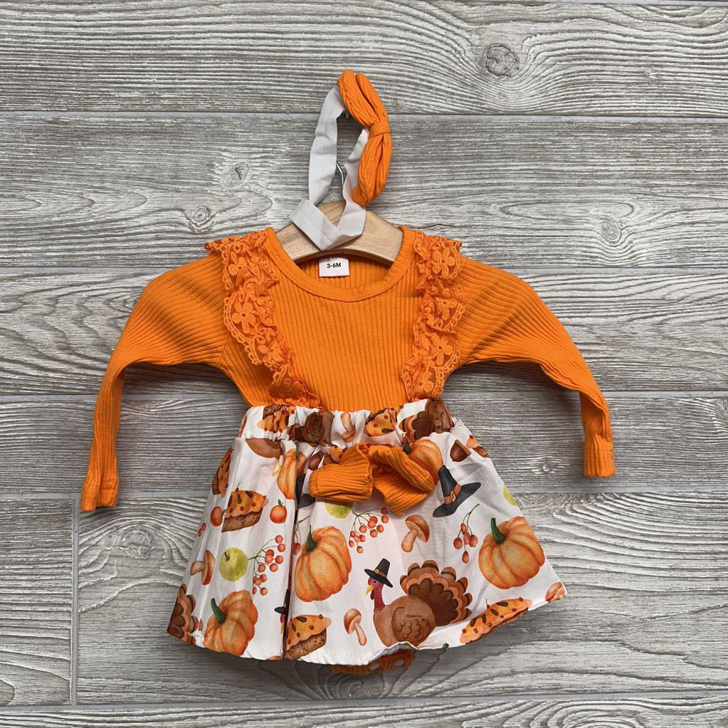 LS Ribbed Dress Pumpkins Pies & Headwrap 0-3M
