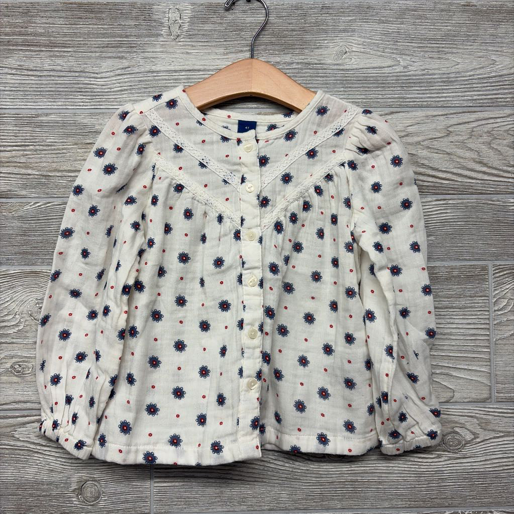 Gauze Button Up LS Shirt Flowers 4t