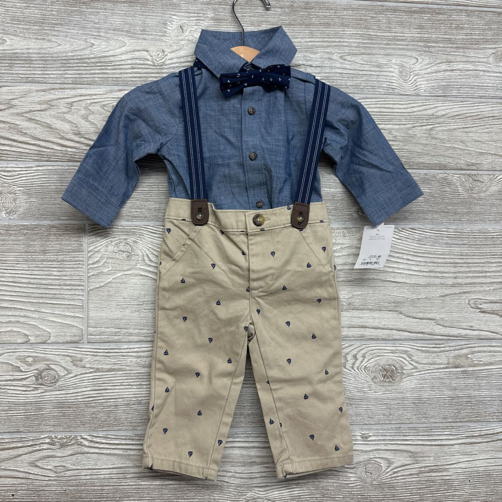Chambray Button Up Shirt, Suspender Pants & Tie 6M