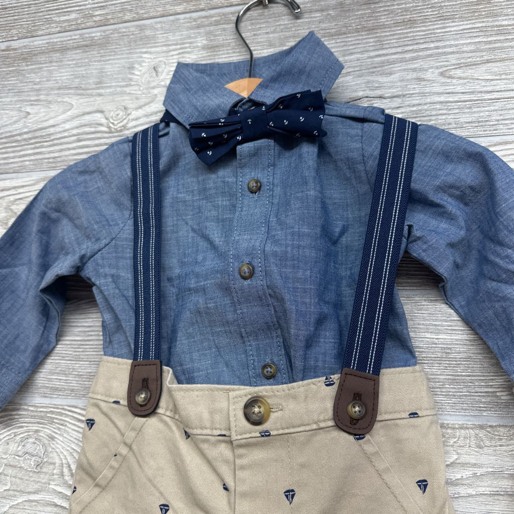 Chambray Button Up Shirt, Suspender Pants & Tie 6M