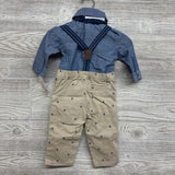 Chambray Button Up Shirt, Suspender Pants & Tie 6M