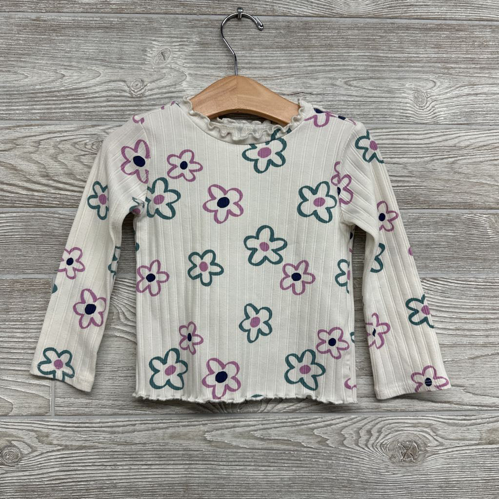 Ribbed Lettuce Trim Mock Neck Shirt Flowers 2t