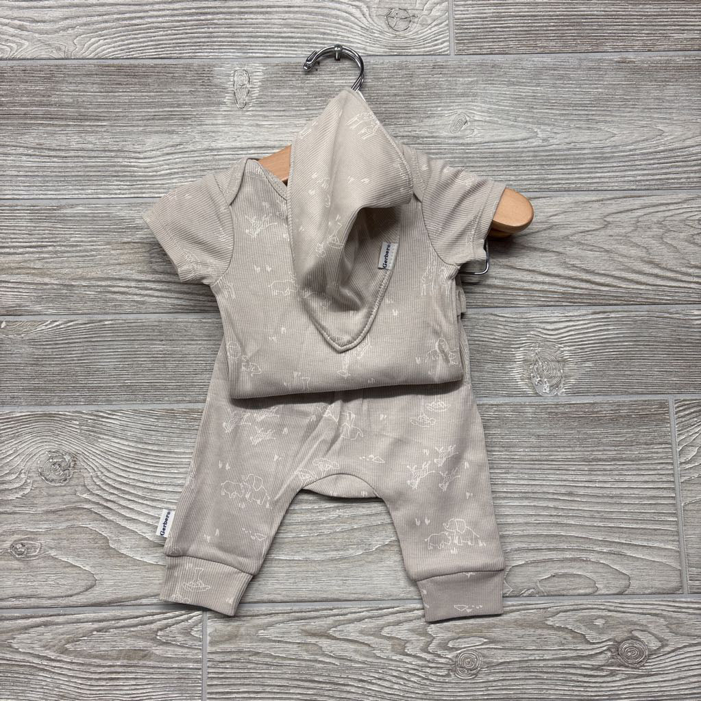 Ribbed Bodysuit, Pants & Bib Animals 3M