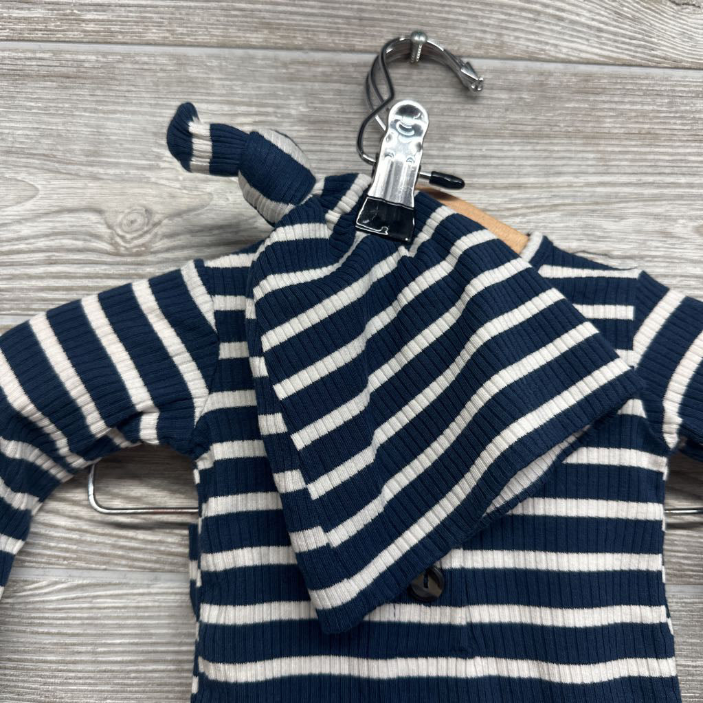 LS Bamboo Ribbed Henley Shirt, Footed Pants & Top Knot Hat Stripes NB