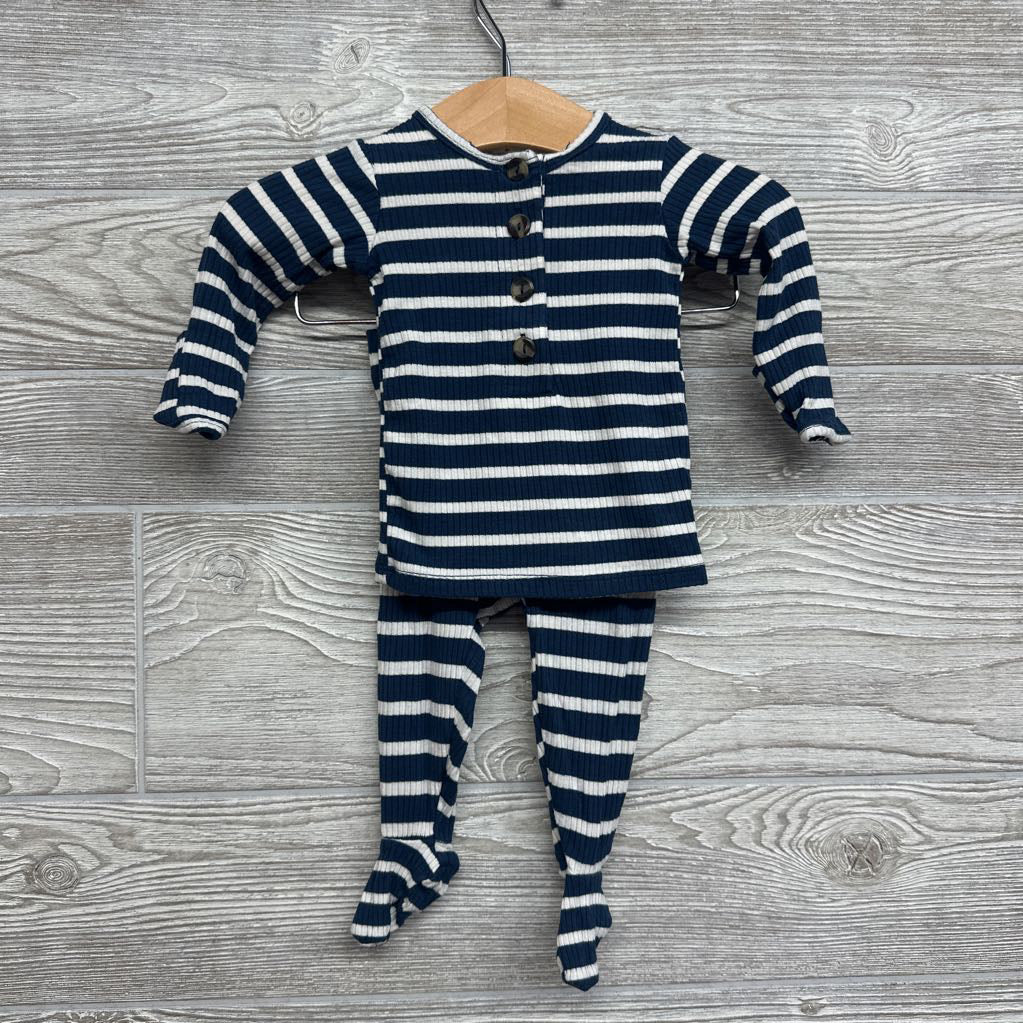 LS Bamboo Ribbed Henley Shirt, Footed Pants & Top Knot Hat Stripes NB