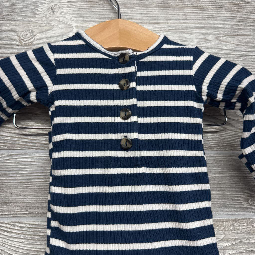 LS Bamboo Ribbed Henley Shirt, Footed Pants & Top Knot Hat Stripes NB