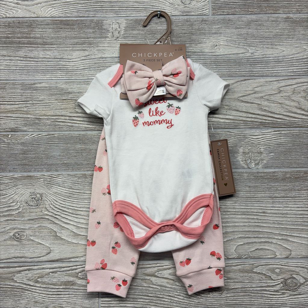 NEW Bodysuit Sweet Like Mommy, & Pants Strawberries W/ Headwrap 0-3M