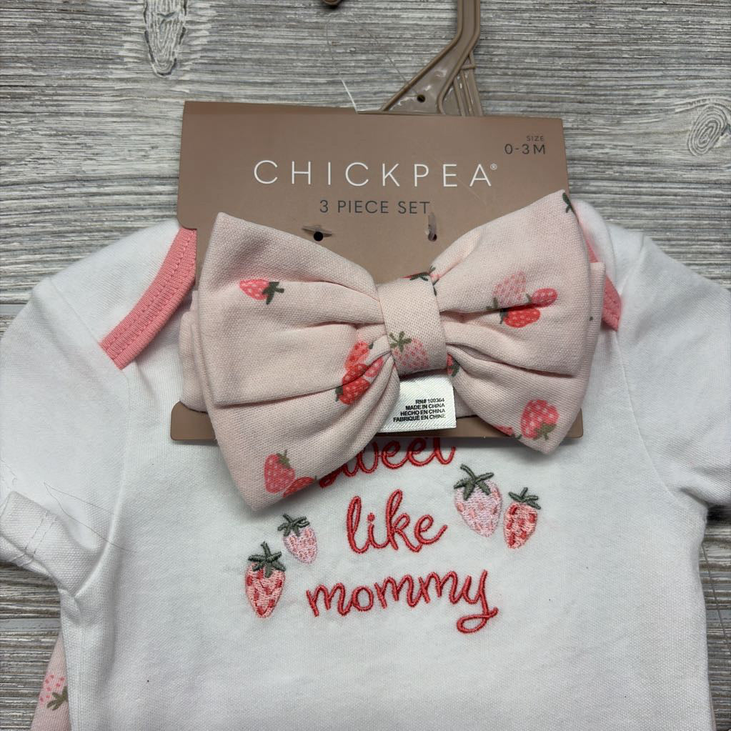 NEW Bodysuit Sweet Like Mommy, & Pants Strawberries W/ Headwrap 0-3M