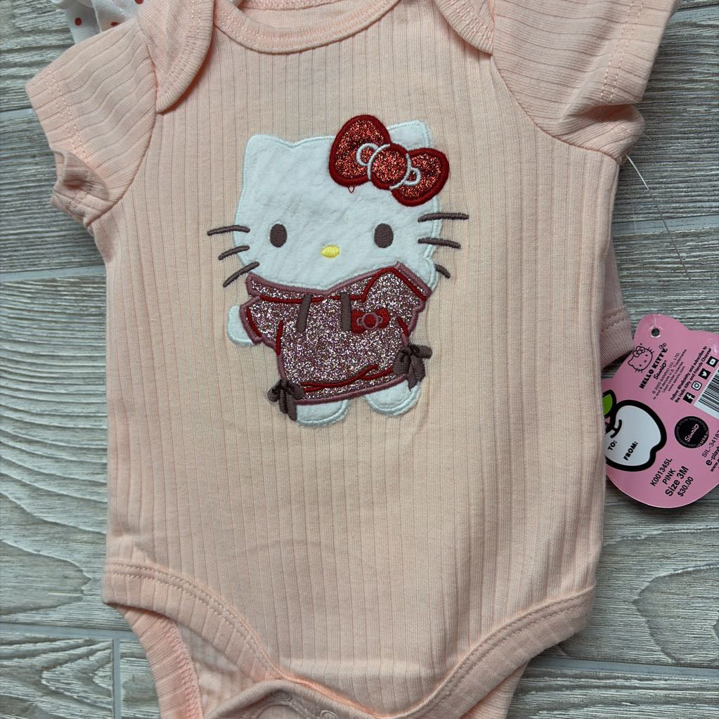 NEW 3 Pk Bodysuits Ribbed Hello Kitty, Dots, Hangers 0-3M