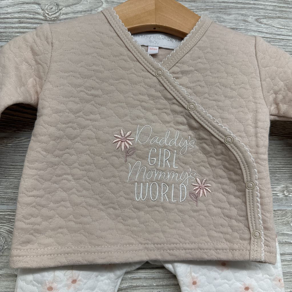 LS Quilted Side Snap Shirt Daddy's Girl Mommy's World & Footed Pants Flowers 0-3M