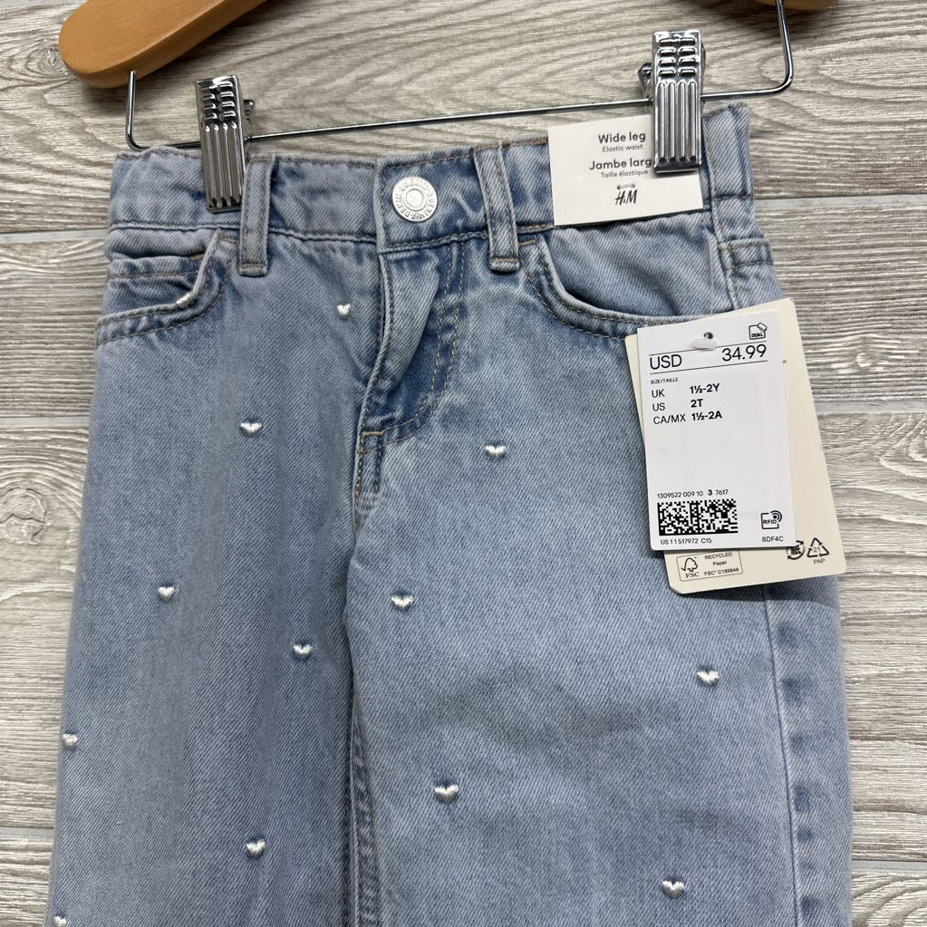 NEW Wide Leg Jeans Embroidered Hearts 2t