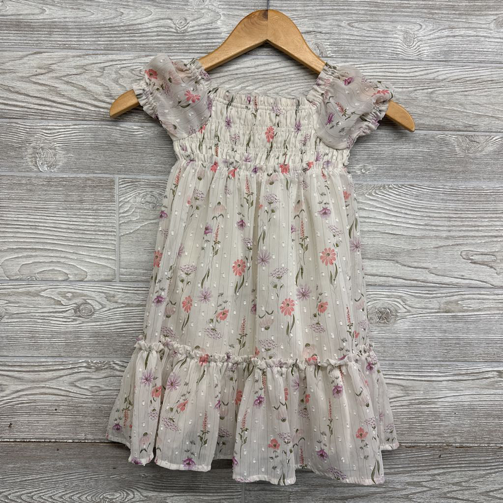Puff Sleeve Dress Flowers Stripes 4T