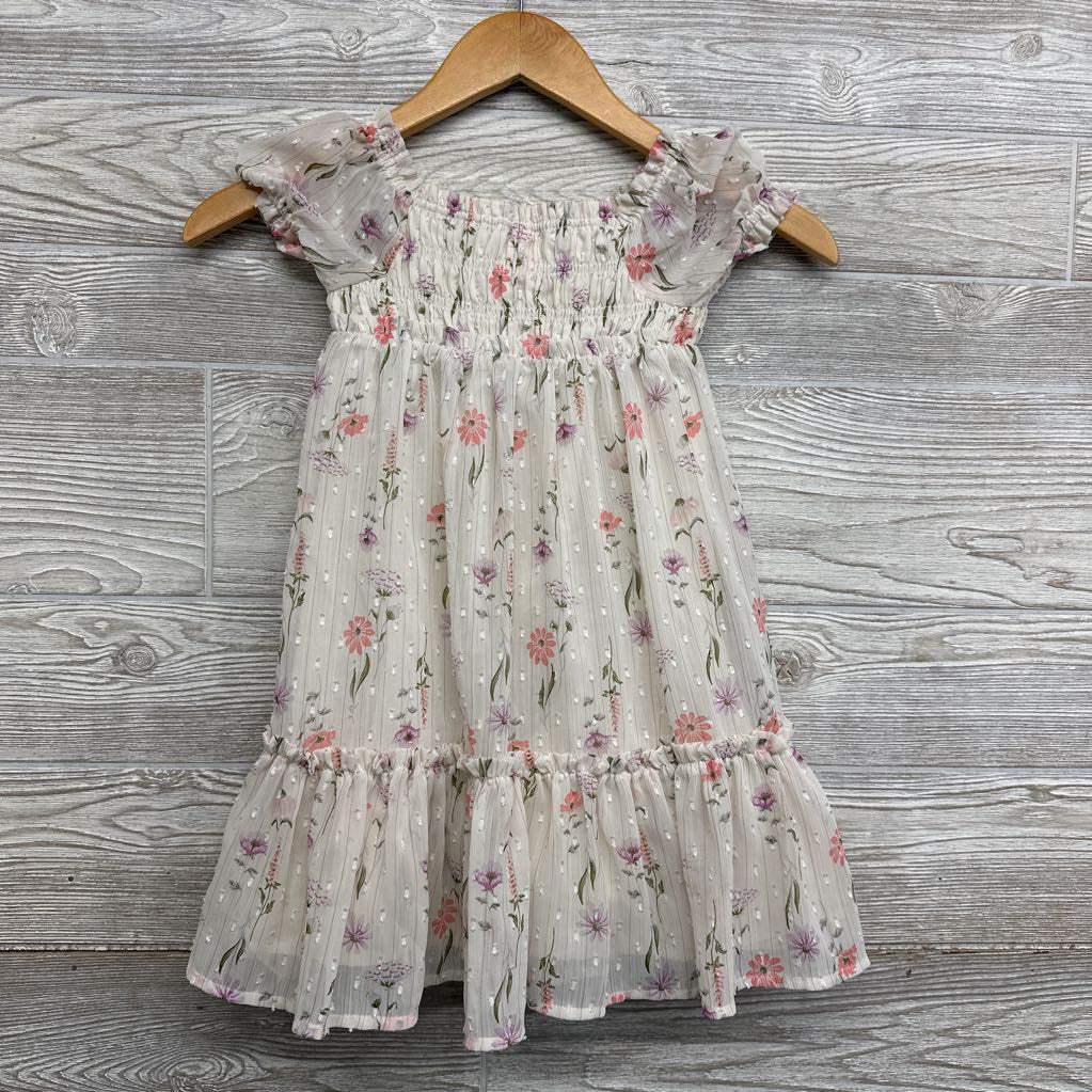 Puff Sleeve Dress Flowers Stripes 4T